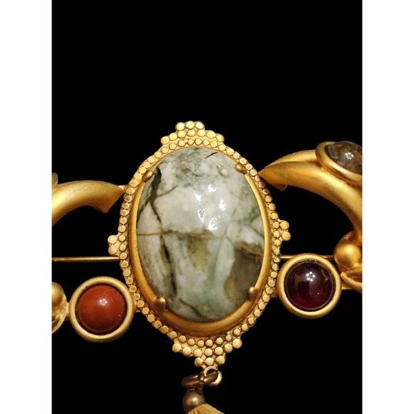 Unsigned Verified Natasha Stambouli 24kt Gold Plated Semi Precious Dangle Brooch - Picture 2 of 7